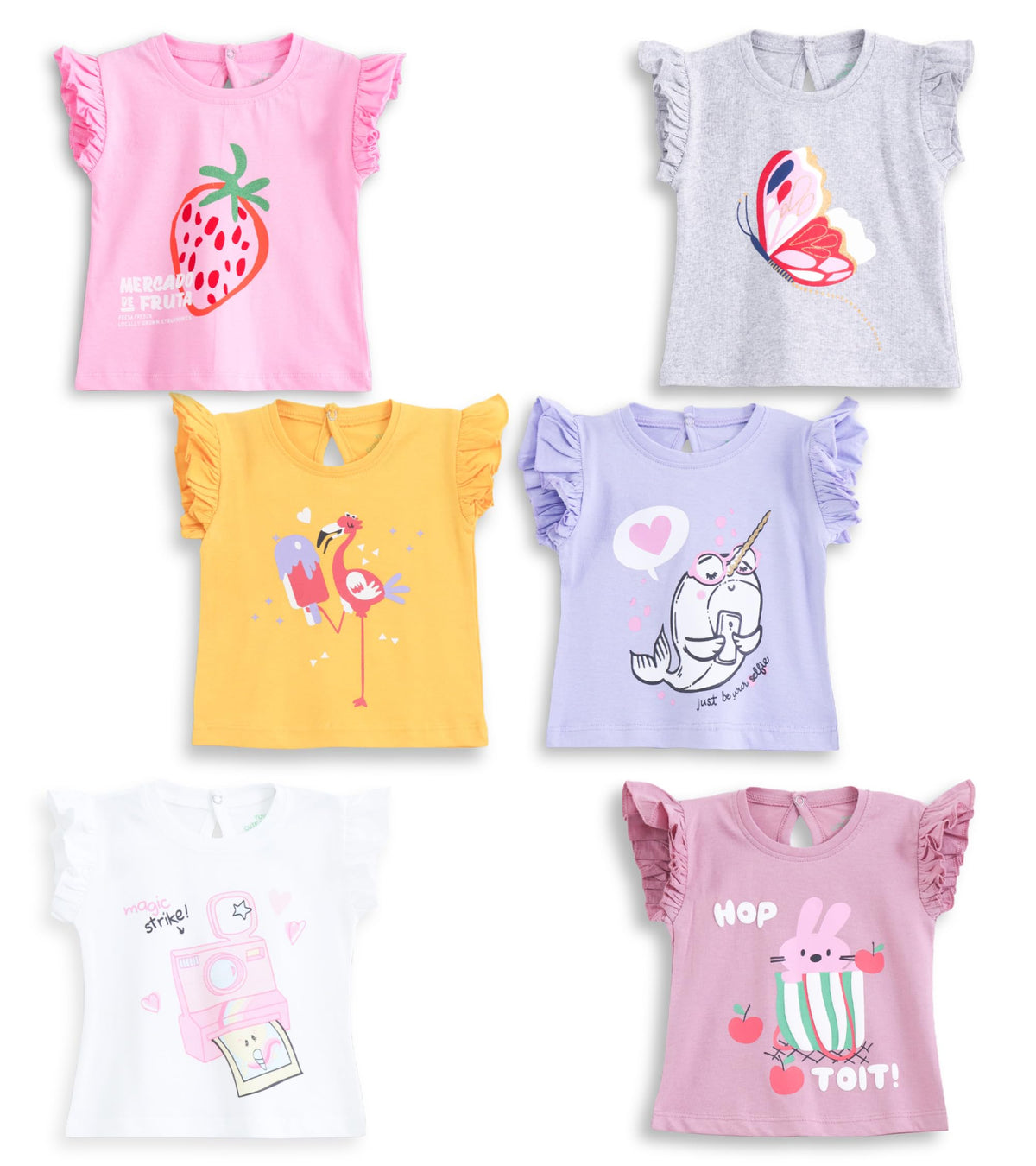 YUV Baby Girls Cotton Regular Fit TShirt (Pack Of 6, InGS26C4_Assorted_1824 Months), Grey,Pink,White,Blue,Lilac,Yellow 18-24