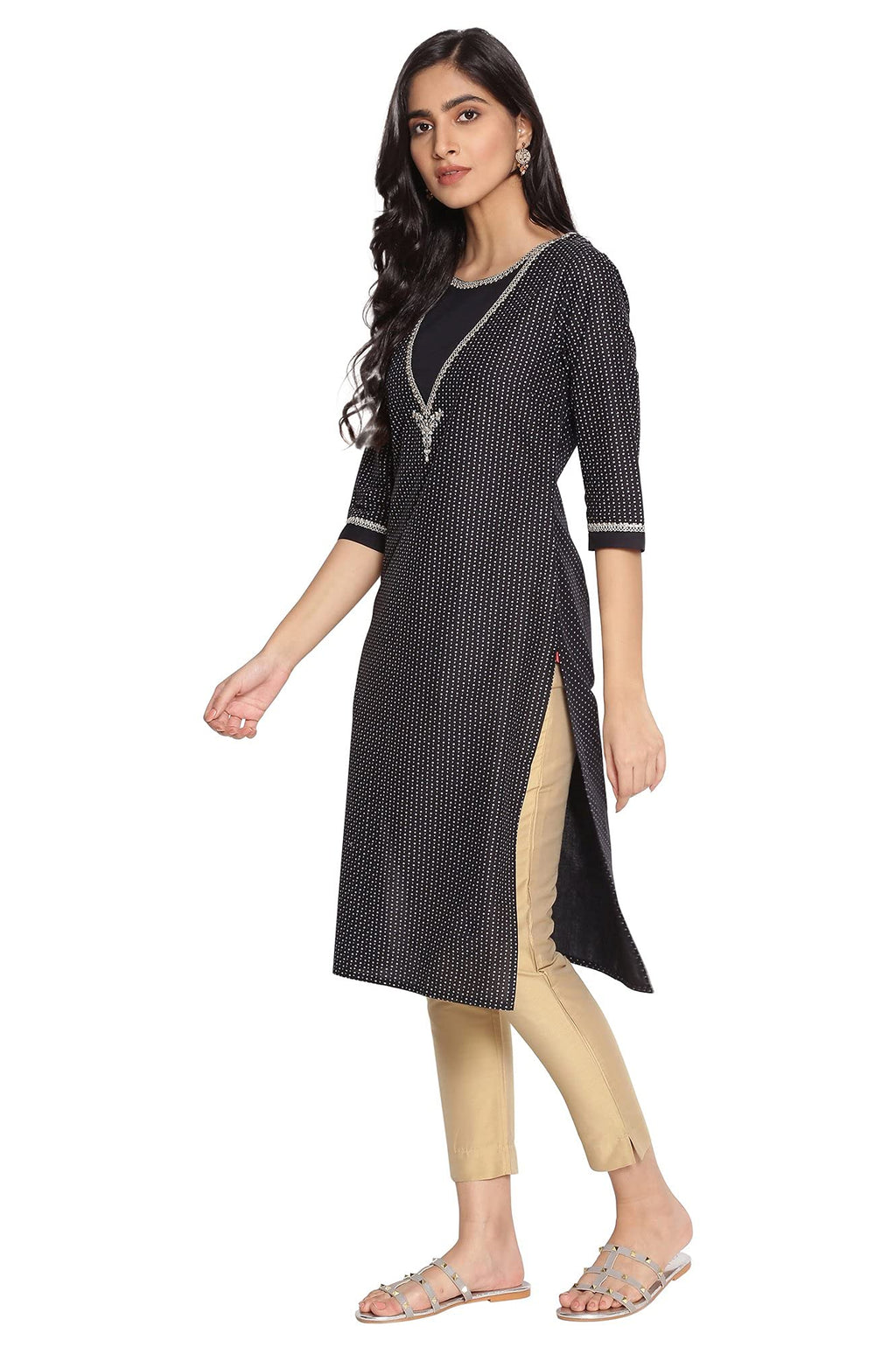 W For Woman Women'S Cotton Mock Neck Straight Kurta