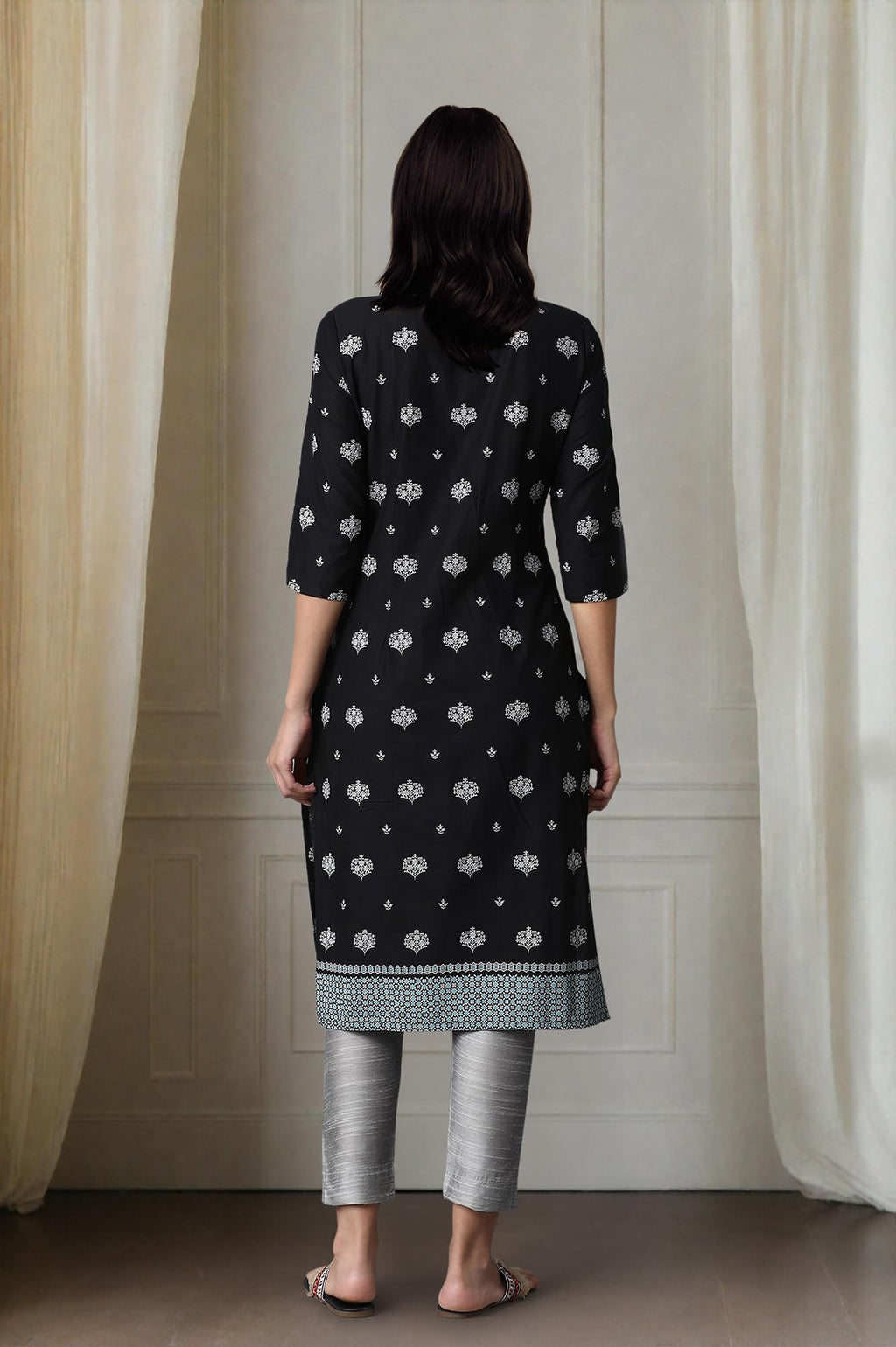 W Black Cotton Floral Printed Regular Kurta For Women
