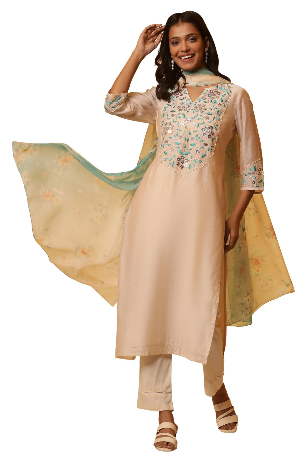 Aurelia Whote Embroidered Kurta, Trousers And Dupatta Set (Size: M)-24Feas15111-704735 White
