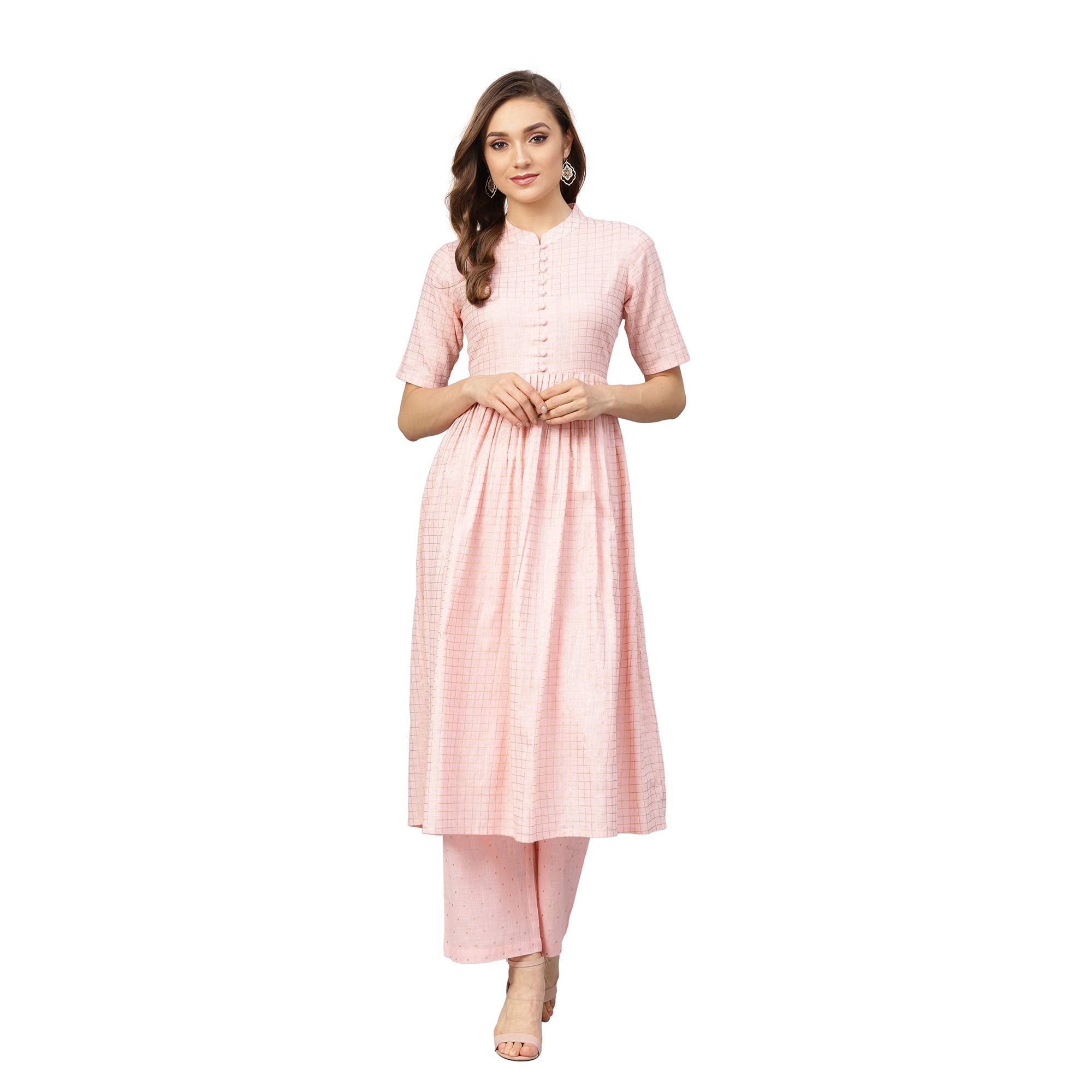 Idalia WomenS Baby Pink Gold Printed Flared Cotton Kurta Set With Palazzo Pant