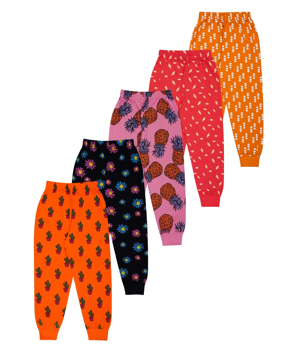 T2f Girls Regular Fit Cotton Printed Ribbed Track Pants (Pack of 5)