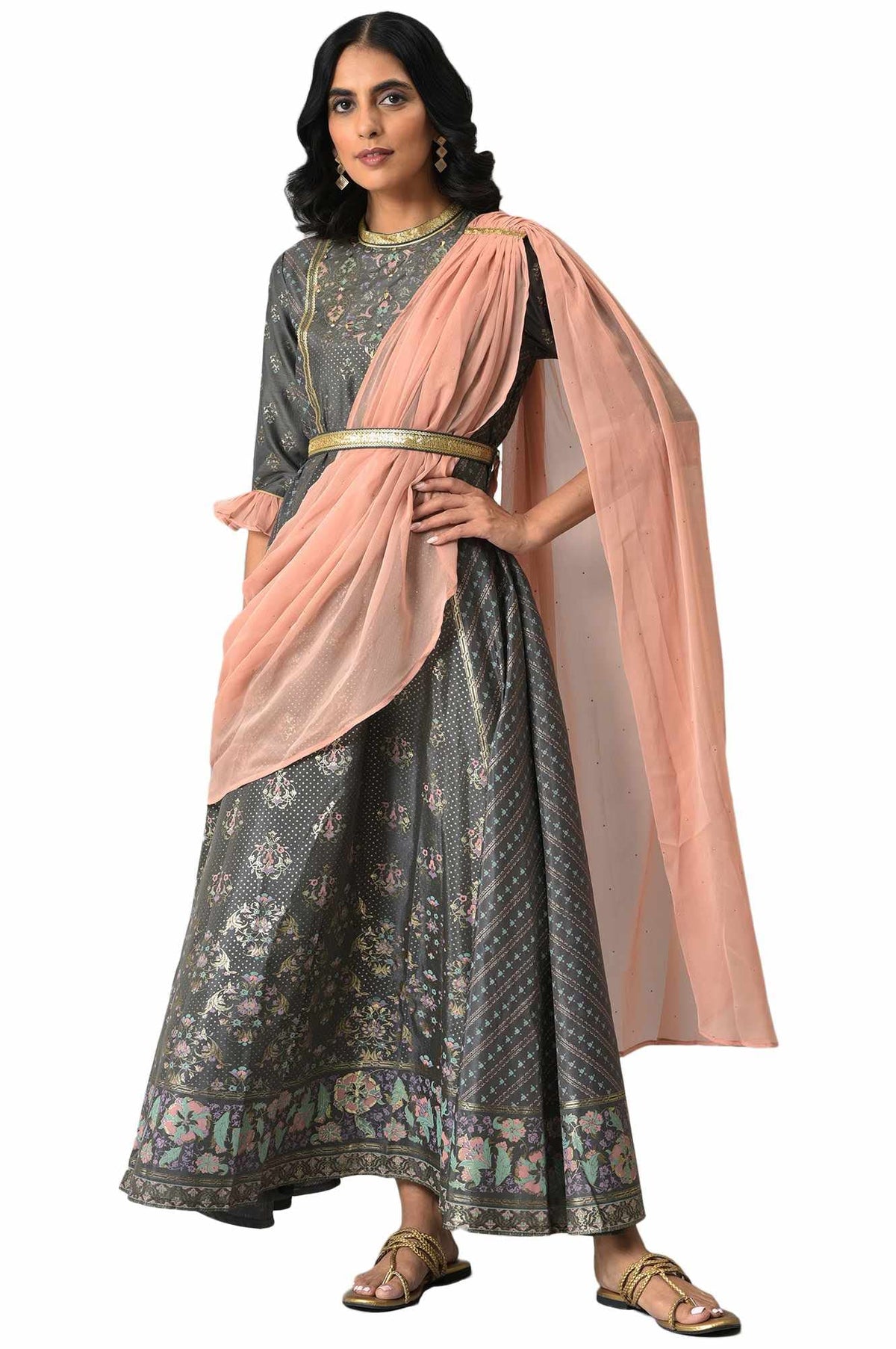 Aurelia Women Grey Floral Printed Dress With Peach Drape_22AUAS13629-505302_M
