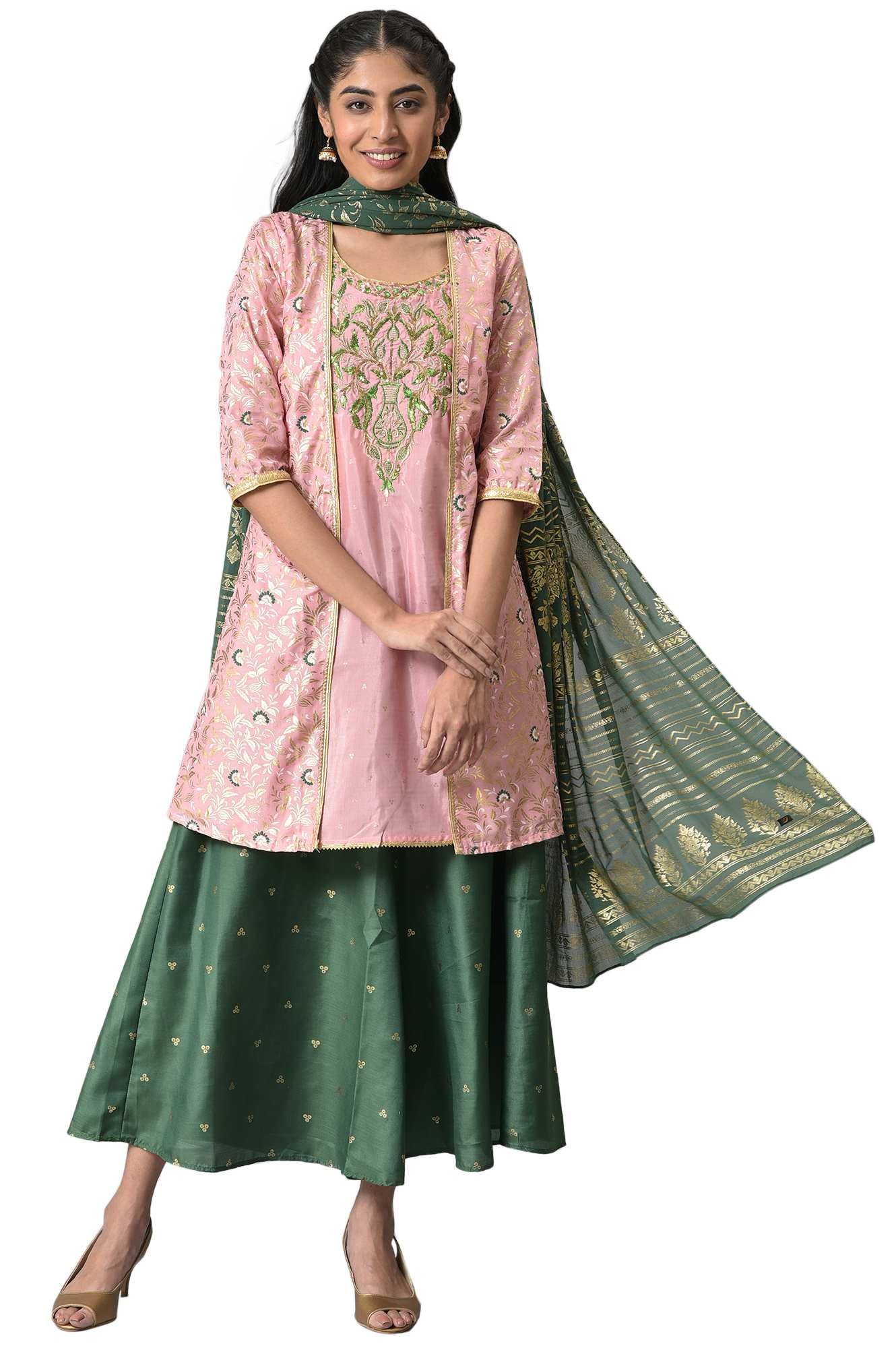 Aurelia Polyester Women Pink, Green Zari Embroidered Kurta With Palazzo & Dupatta_22Aud10497-504408_Xl