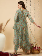 ANNI DESIGNER Womens Cotton Blend Anarkali Printed Kurta with Pant & Dupatta (Meets-Green_S_Green_Small)