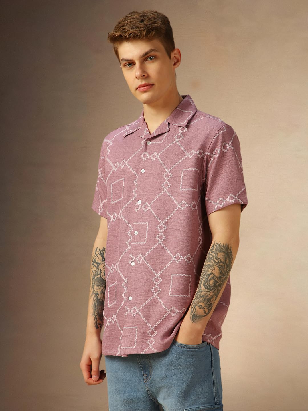Dennis Lingo Men Pink Printed Polyester Relaxed Fit Cuban Collar Half Sleeves Casual Shirt