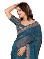 VAIRAGEE Women Soft Organza Teal Embroidery Saree With Unstiched Blouse(6252)