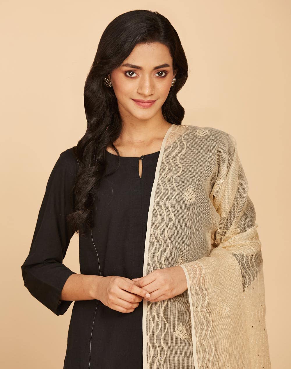 Fabindia Beige Cotton Silk Chikankari Embroidered Dupatta | Free Size | Regular Length | Spring | 2.5m x 92cm (L x W)