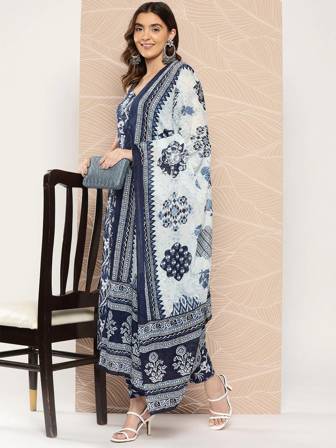 ANNI DESIGNER Womens Rayon Floral Straight Kurta with Pant & Dupatta (Ball-Blue Small)