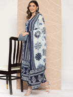 ANNI DESIGNER Womens Rayon Floral Straight Kurta Set with Pant & Dupatta (Ball-Blue Medium)