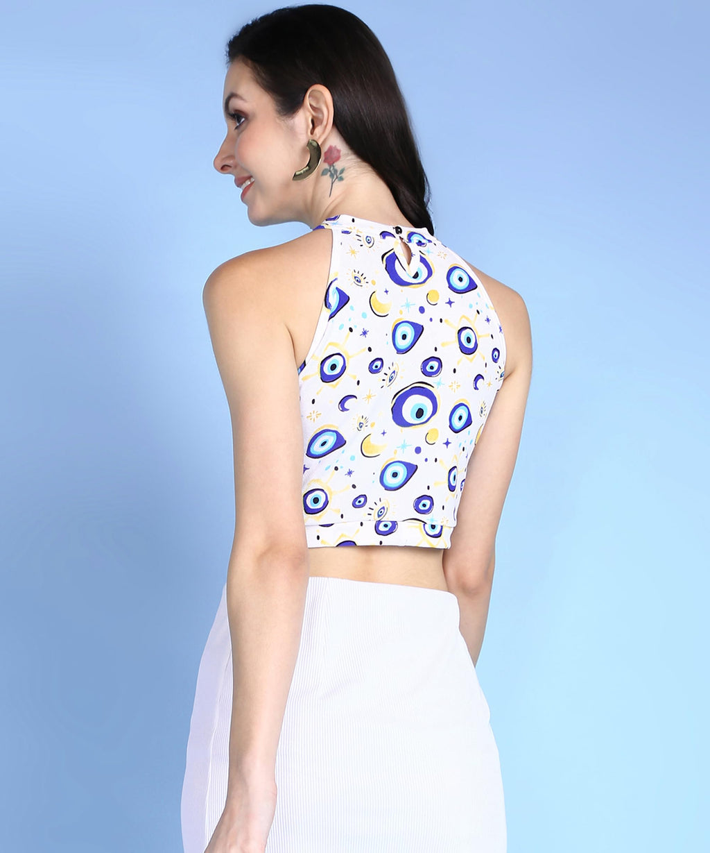 POPWINGS Women Casual White Eye Printed Sleeveless Halter Neck String Knot Crop Top