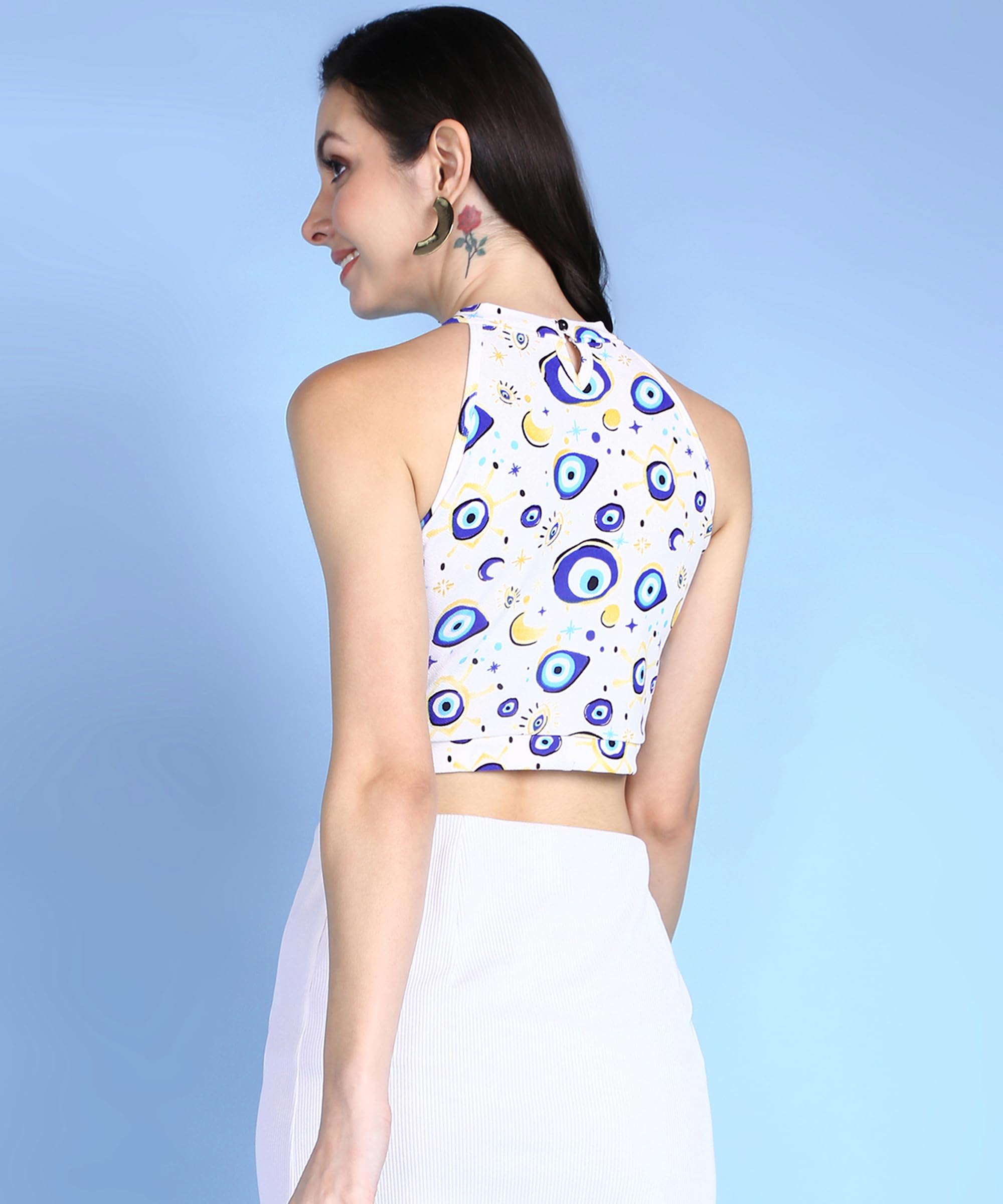 POPWINGS Women Casual White Eye Printed Sleeveless Halter Neck String Knot Crop Top