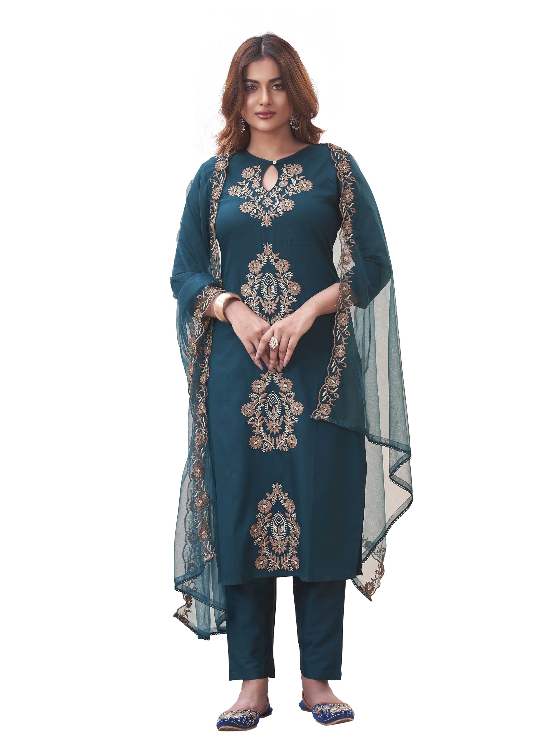 Womanista WomenS Cotton Blend Solid Straight Embroidered Kurta Set (Kurtaset_1397_Teal
