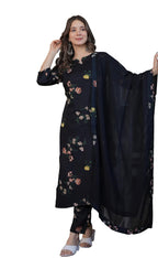 Wedani Silk Blend Floral Printed Kurta Set with Dupatta for Women Black