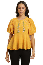 W Yellow Cotton Embroidered Peplum Top for Women