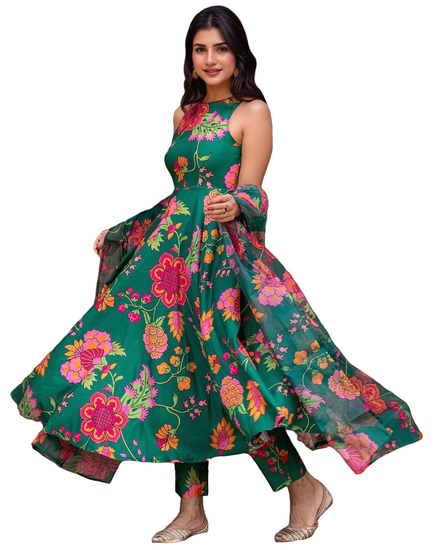 Gosriki Women'S Silk Blend Printed Anarkali Kurta With Pant & Dupatta (Tanujashri Green-Vks02-Gs_Xl_Green_X-Large)