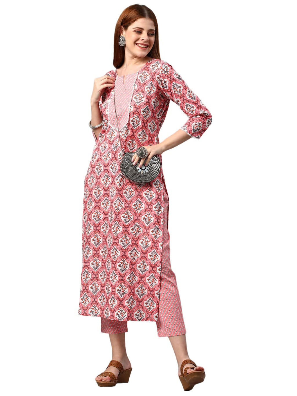 ANNI DESIGNER Womens Cotton Blend Printed Straight Kurta with Pant (Jinki-Peach_XXL_Dark Blue_XX-Large)