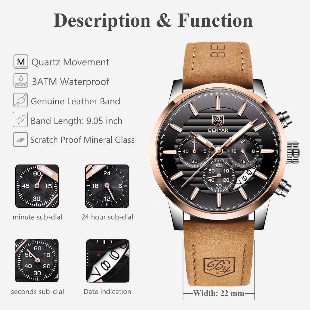BENYAR Quartz Chronograph Waterproof Watches Business and Sport Design Leather Band Strap Wrist Watch for Men (Brown Gold Black)