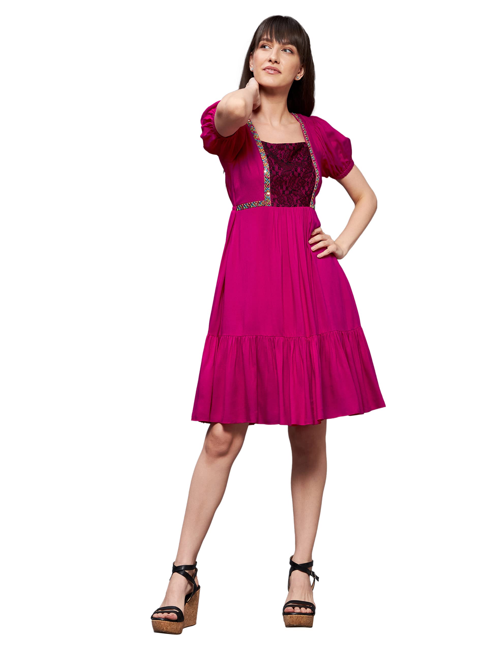 Miss Chase Womens Dark Pink Square Puff Sleeve Viscose Rayon Embroidered Lace Overlaid Knee-Long Dress (MCSS22D16-05-23-02, Pin