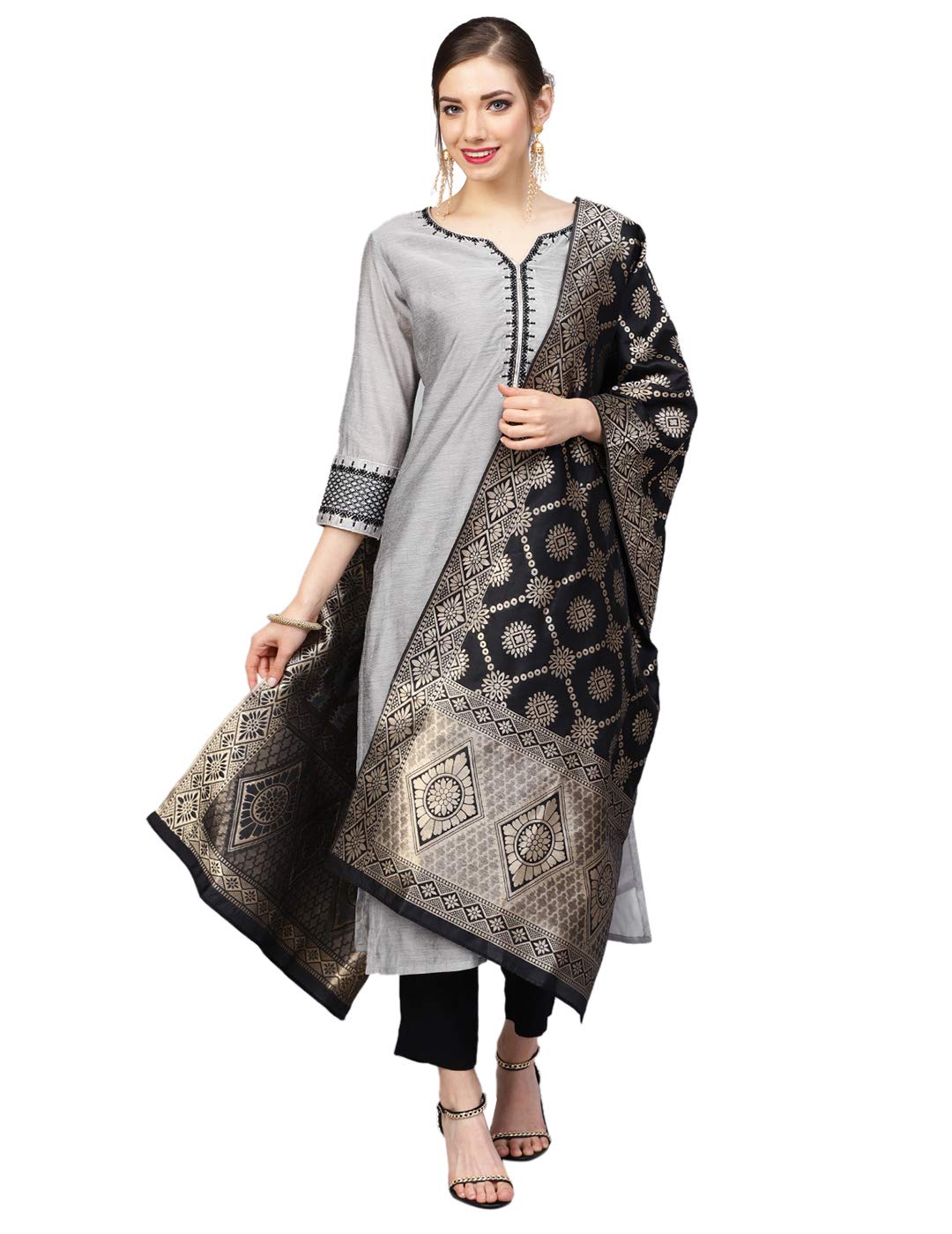 Varanga Women Grey & Black Solid Chanderi Kurta With Trousers & Banarasi Dupatta