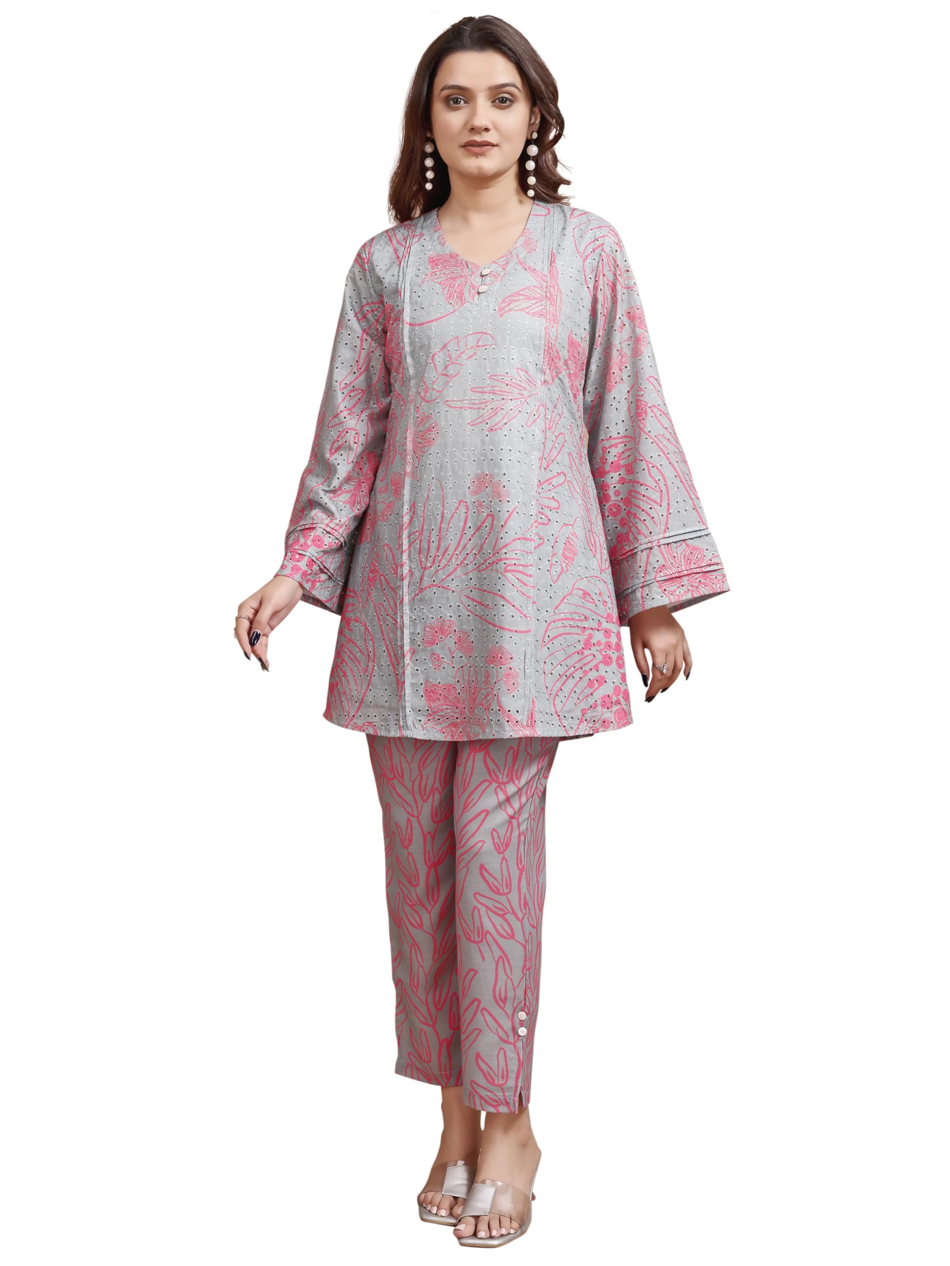 Womanista Women Cotton Blend Dusty Green Colour Hakoba Printed Tunic With Trouser Cord Set(Co-Ords_9094_M)