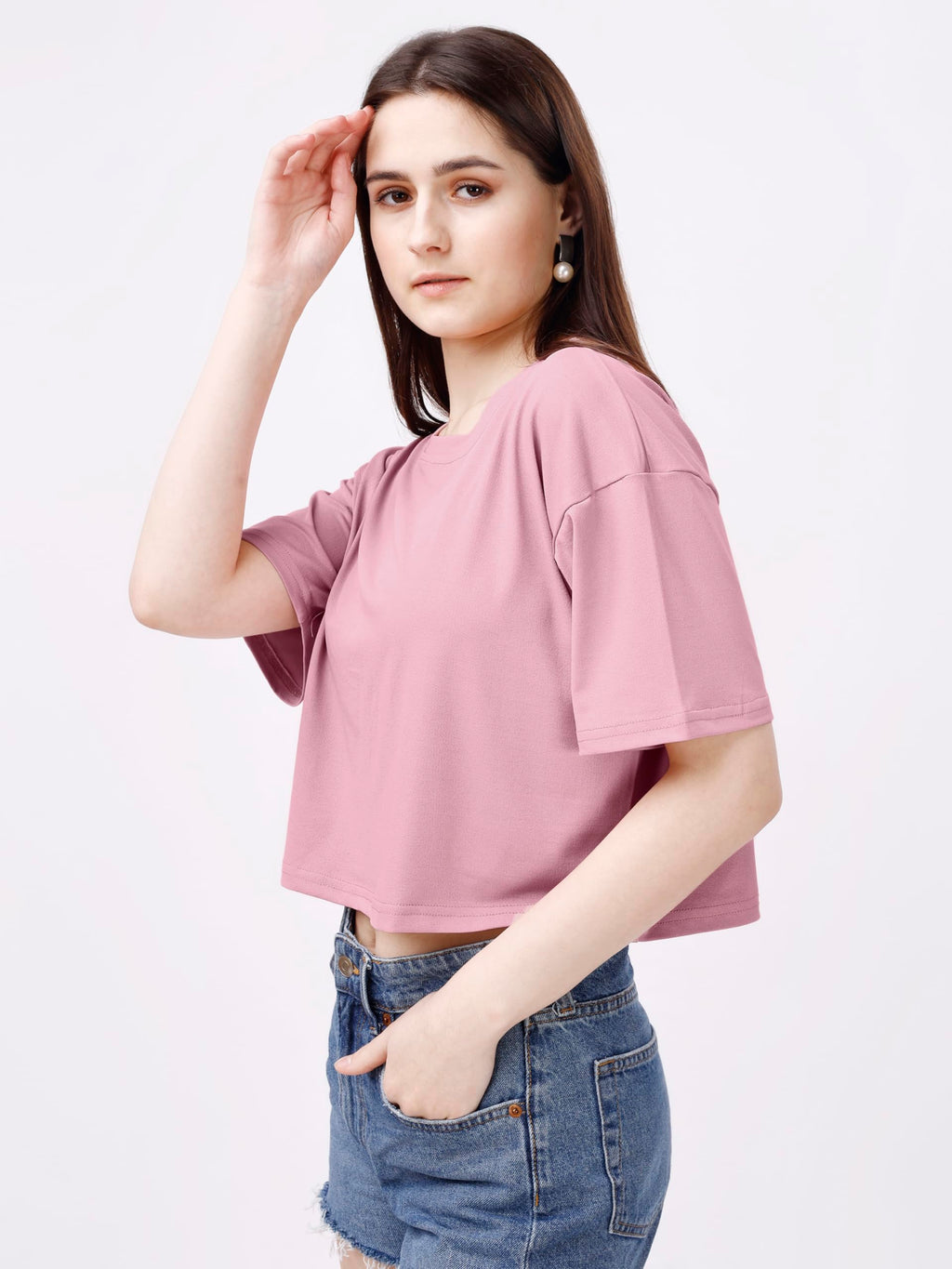 ELLITI Soft Rich Cotton Rose Gold Half Sleeve | Round Neck | Oversized/Loose Fit | Down Solder | Plain/Soild Crop Top for Women