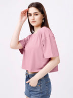 ELLITI Soft Rich Cotton Rose Gold Half Sleeve | Round Neck | Oversized/Loose Fit | Down Solder | Plain/Soild Crop Top for Women