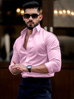 Indoprimo MenS Casual Solid Satin Shirt For Men Full Sleeves Baby Pink