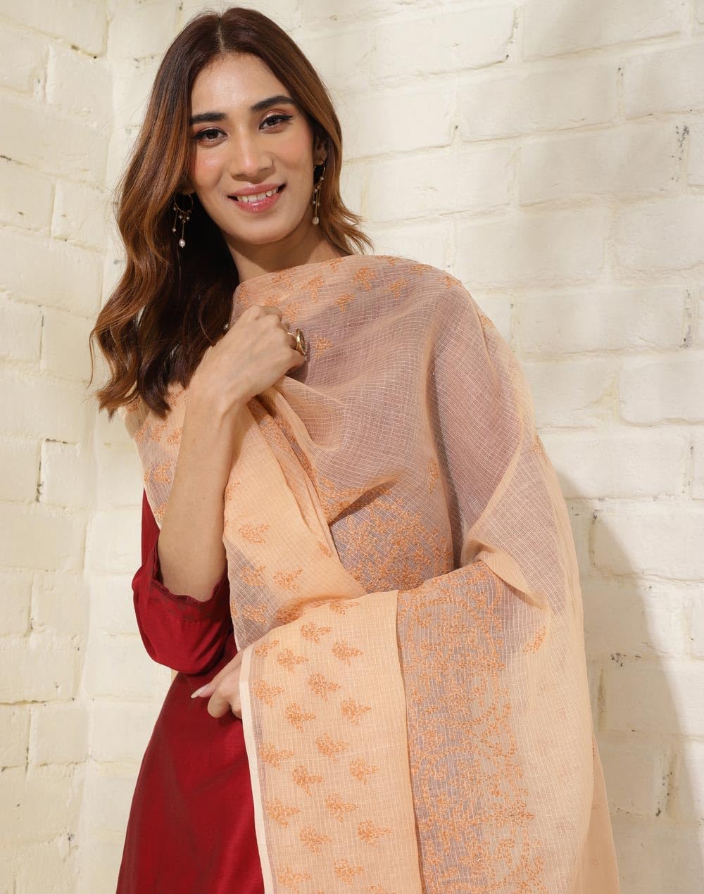 Fabindia Beige Cotton Silk Embroidery Chikankari Dupatta (2.5m x 92cm) (Free Size)