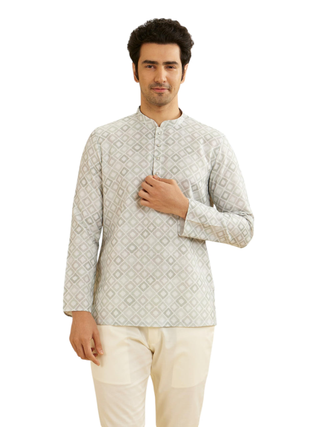 Manyavar MenS Cotton Blend Grid Patterned Short Kurta (Green,Xl)