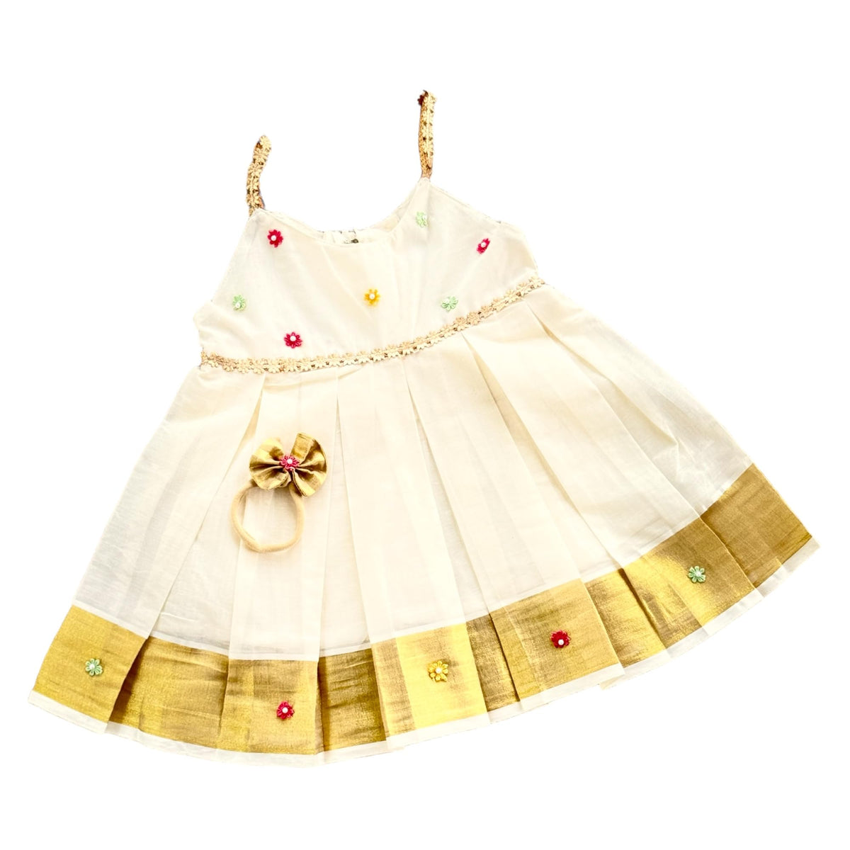 Picksparrow Kerala Kasavu Cotton Baby Girl Traditional Dress/Ethnic Wear With Headband (MultiFlower, 03 Months) Off White 0-3
