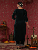 Ishin Women'S Velvet Ethnic Motifs Zari Green Straight Kurta Suit Set With Trousers