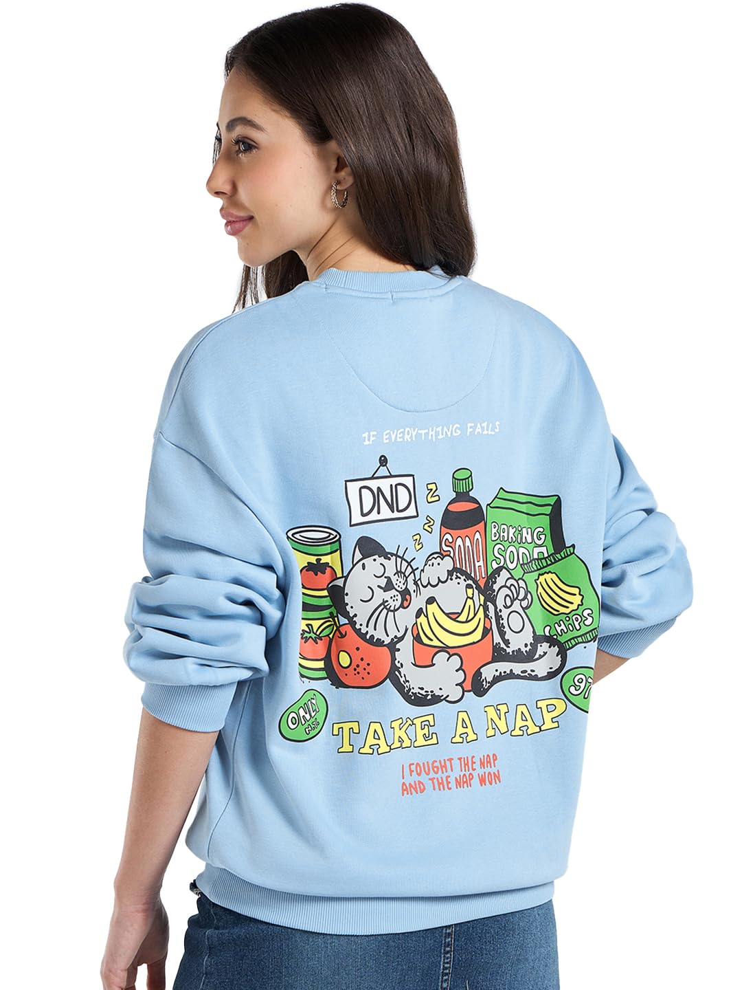 Bewakoof WomenS Graphic Print Oversized Fit Full Sleeve Round Neck Fleece Sweatshirt_649677_Blue_L