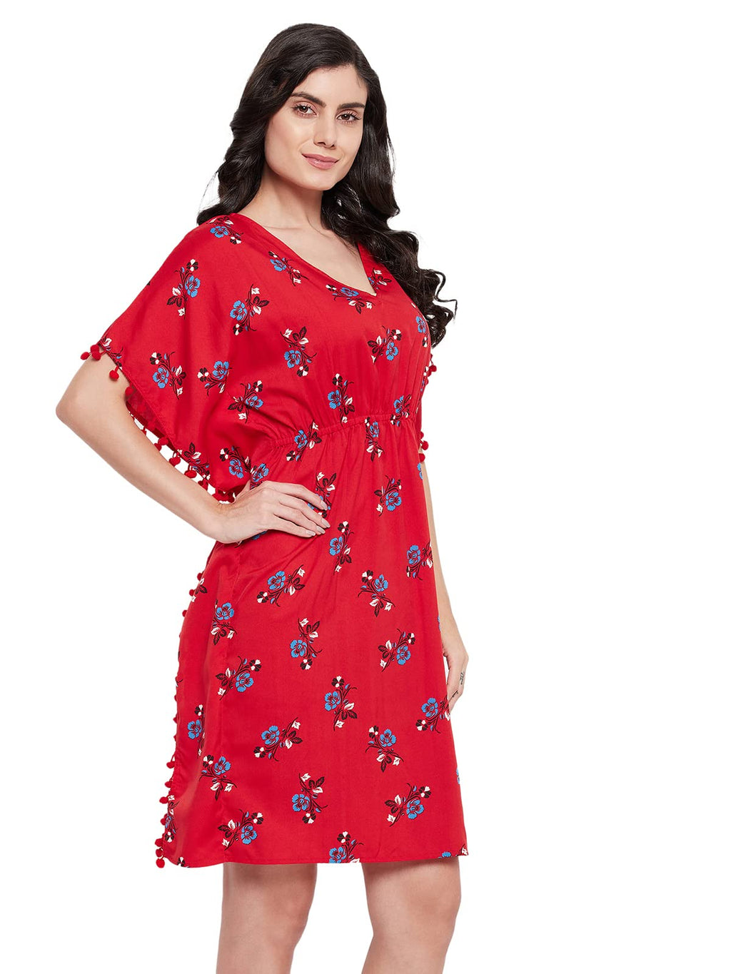 Clovia Women'S Crepe Floral Print Short Kaftan Dress (Rw0034P04_Red_Xl-Xxl)