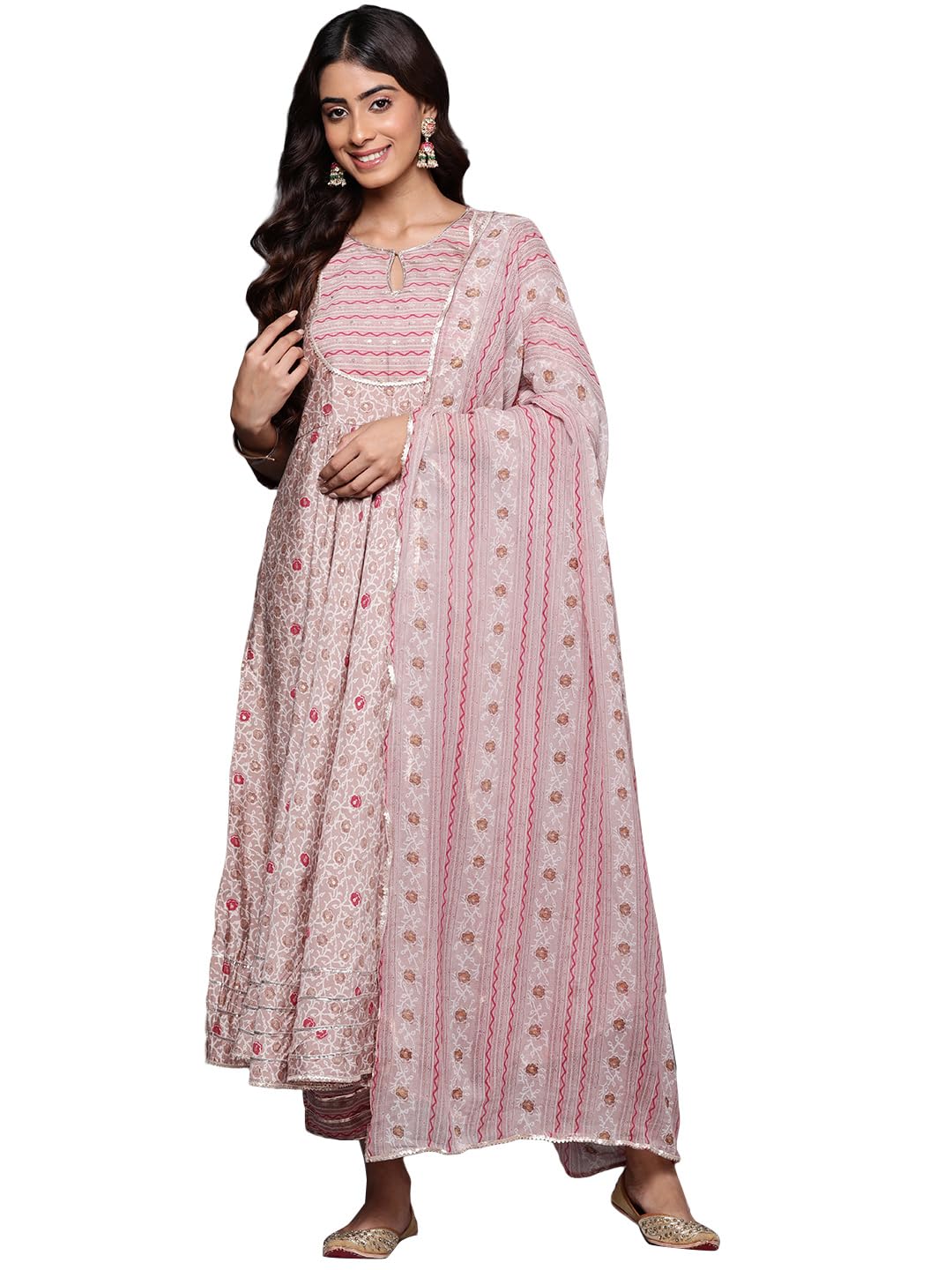 Libas Beige Printed Silk Blend Anarkali Kurta With Trousers & Dupatta