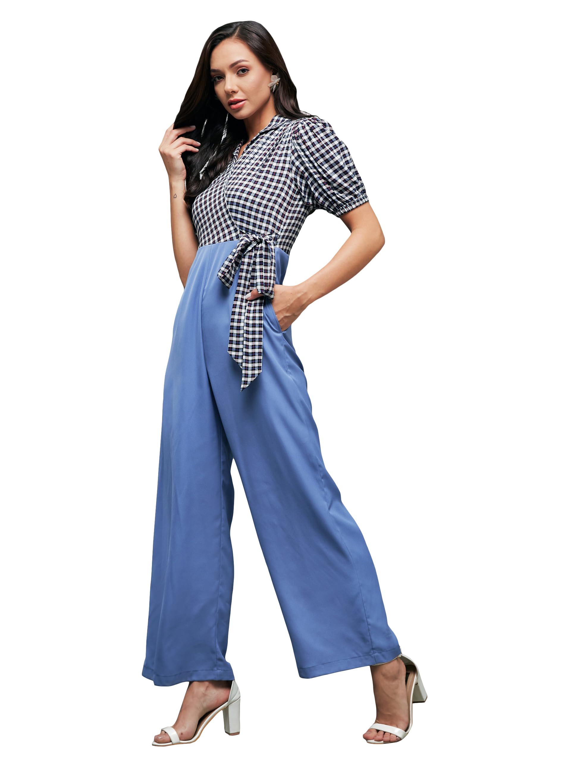 Miss Chase WomenS Collared Puff Sleeve Checkered Wrap Regular Crepe Jumpsuit (Mcss23D15-79-302-05, Multicolored-Base-Powder Blu