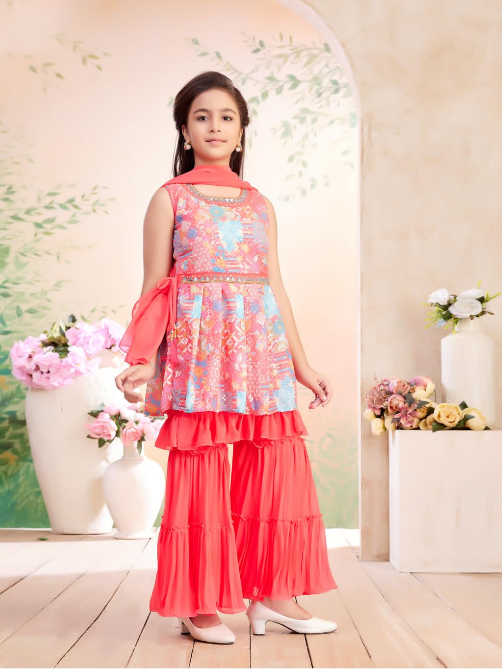 Aarika Girls Ethnic Wear Gajri Colour Floral Print/Hand Embriodery Georgette Kurti Sharara Set with Dupatta-(4-10 Years)-(SH-183