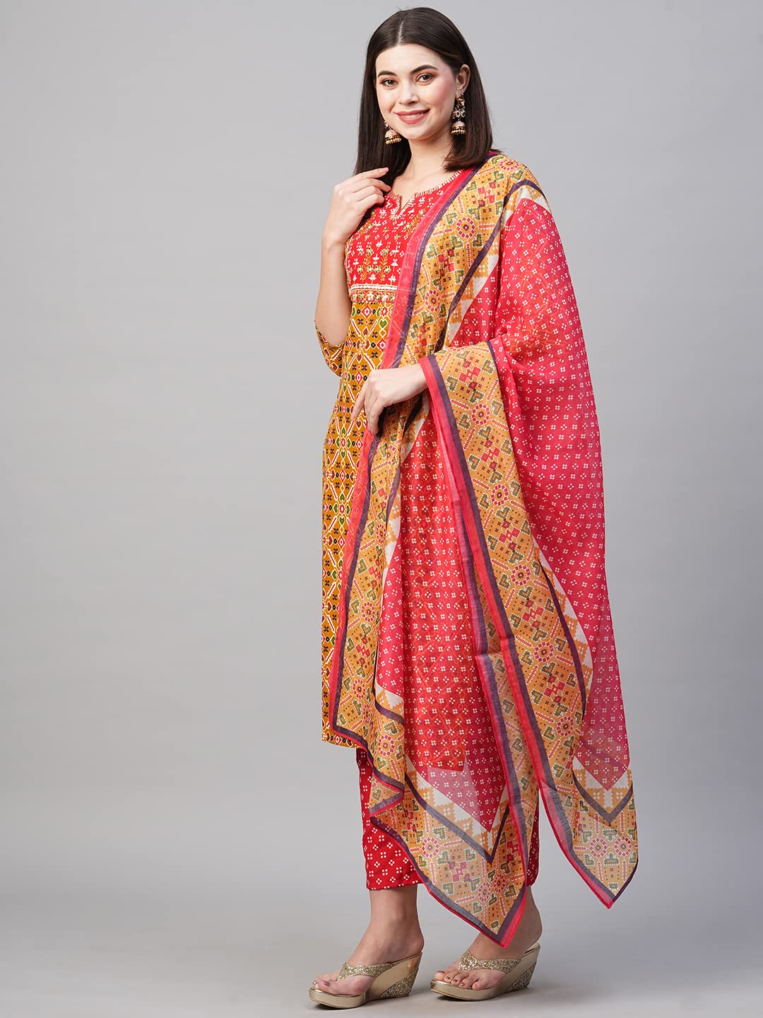 ANNI DESIGNER Womens Cotton Blend Printed Straight Kurta with Pant & Dupatta (Makshi Yellow_XL_Yellow_X-Large)