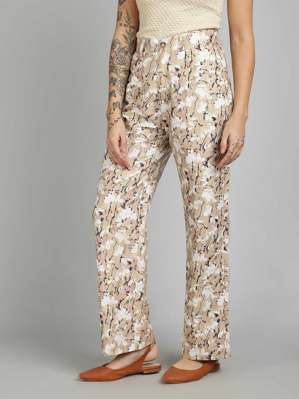 Kotty WomenS Straight Fit High-Rise Cotton Blend Printed Trousers(Multicolor,32)