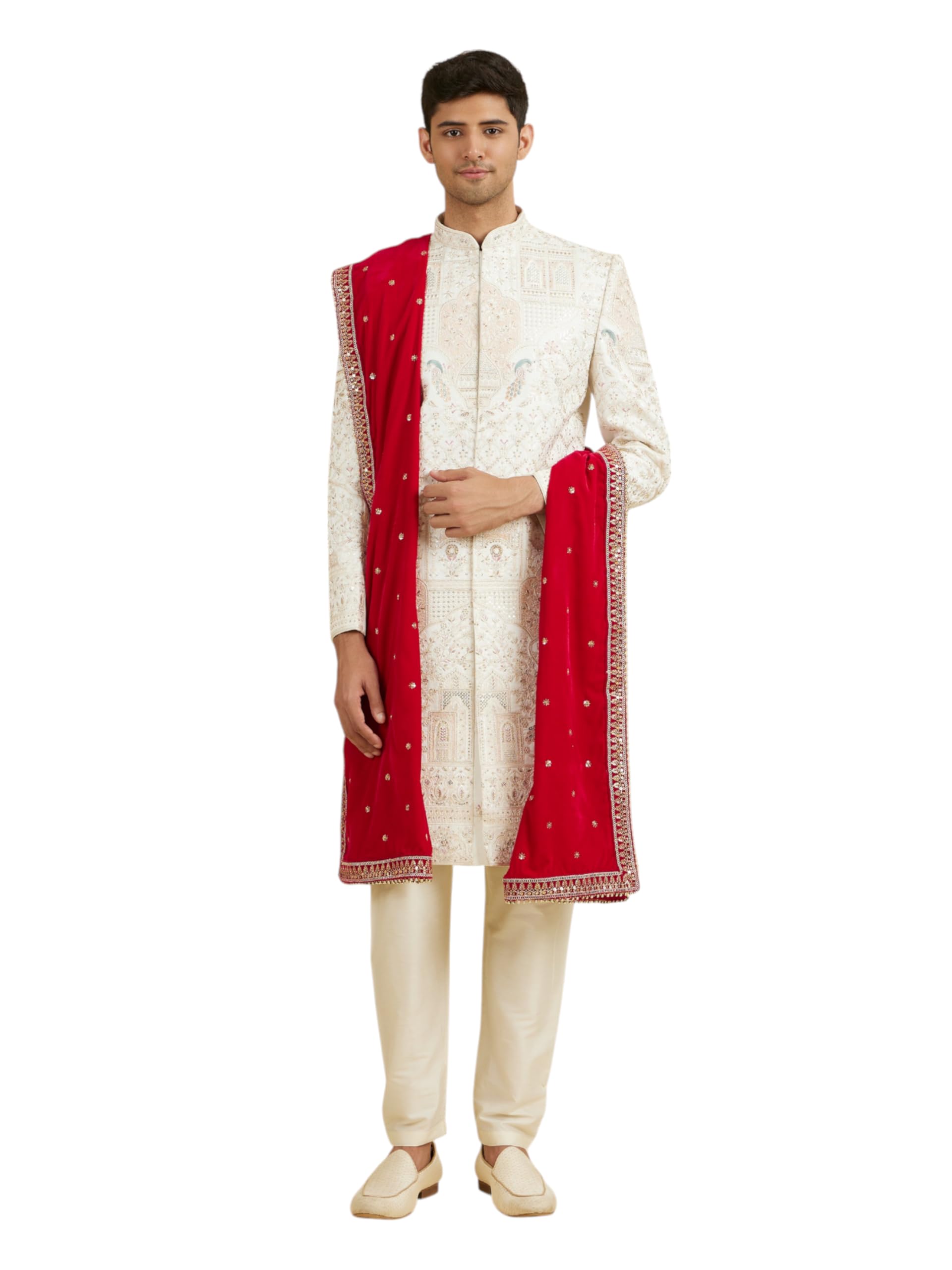 Manyavar Mens Velvet Sequinned Dupatta(Rani)