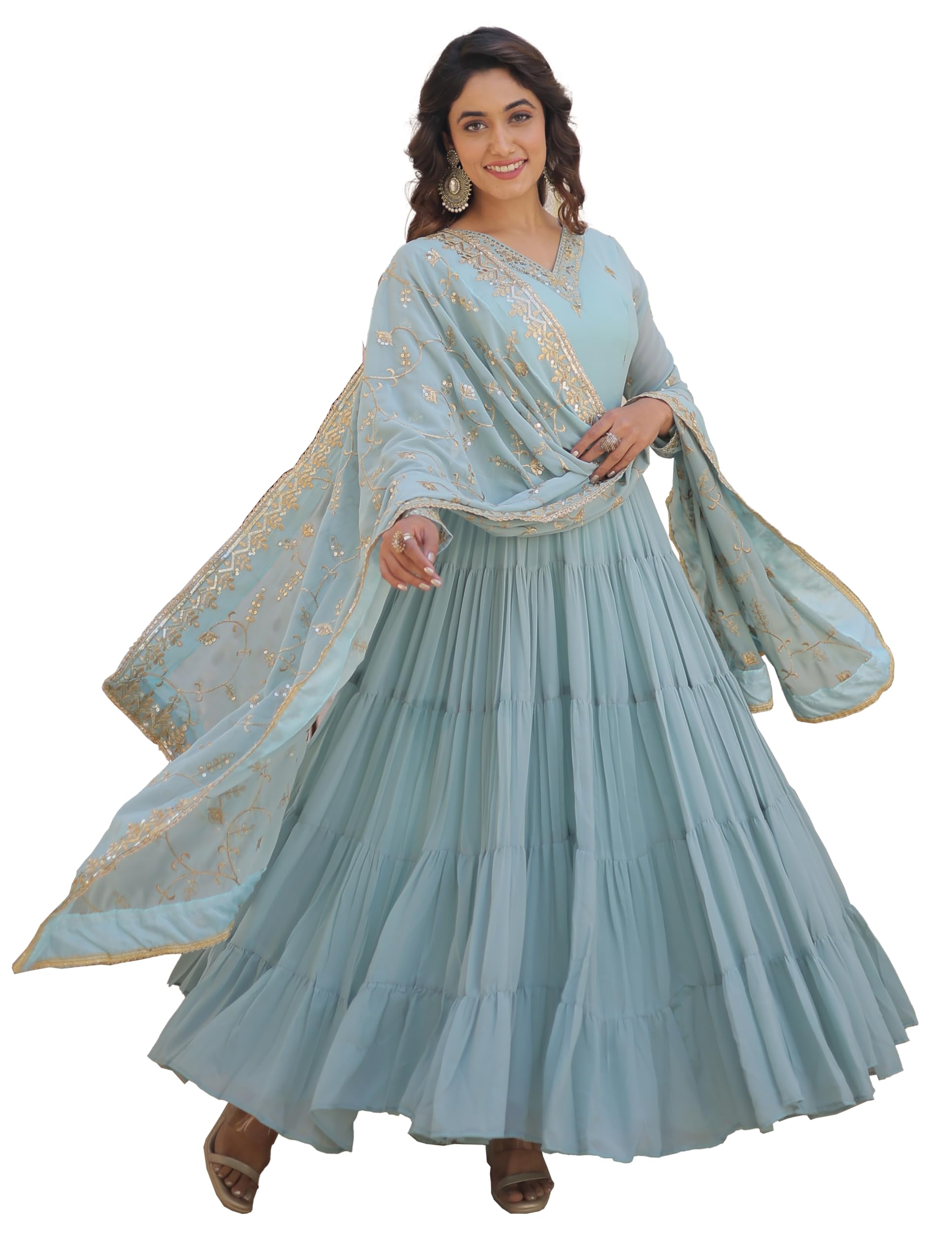 Fashion Basket Womens Georgette Anarkali kurta set & Duptta For Women (Sky Blue, L)