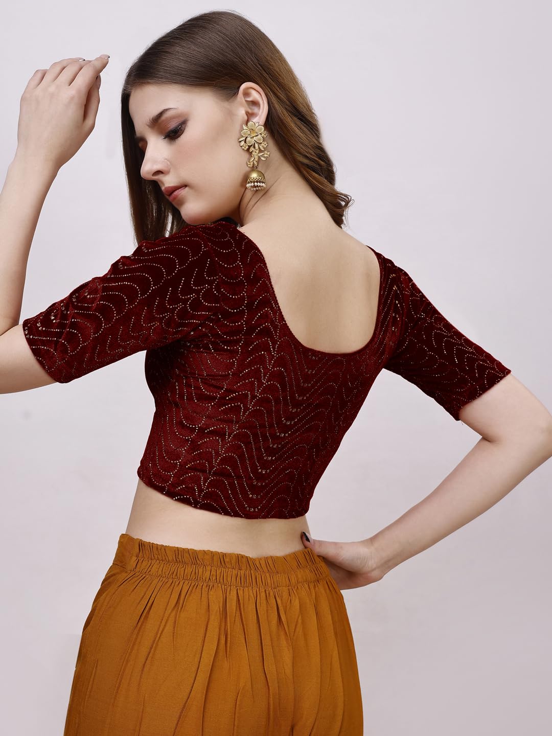 Pujia Mills WomenS Readymade Hosiery Velvet Lycra Stretchable Round Neck Half Sleeve Blouse With Jari Work Fancy Maroon Color L