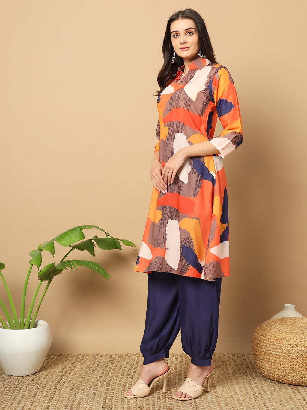 Gufrina Women'S Co-Ords Set - Orange And Navy Abstract Print Shirt Collar Kurti With 3/4 Sleeves And Harem Pants, Rayon Fabric