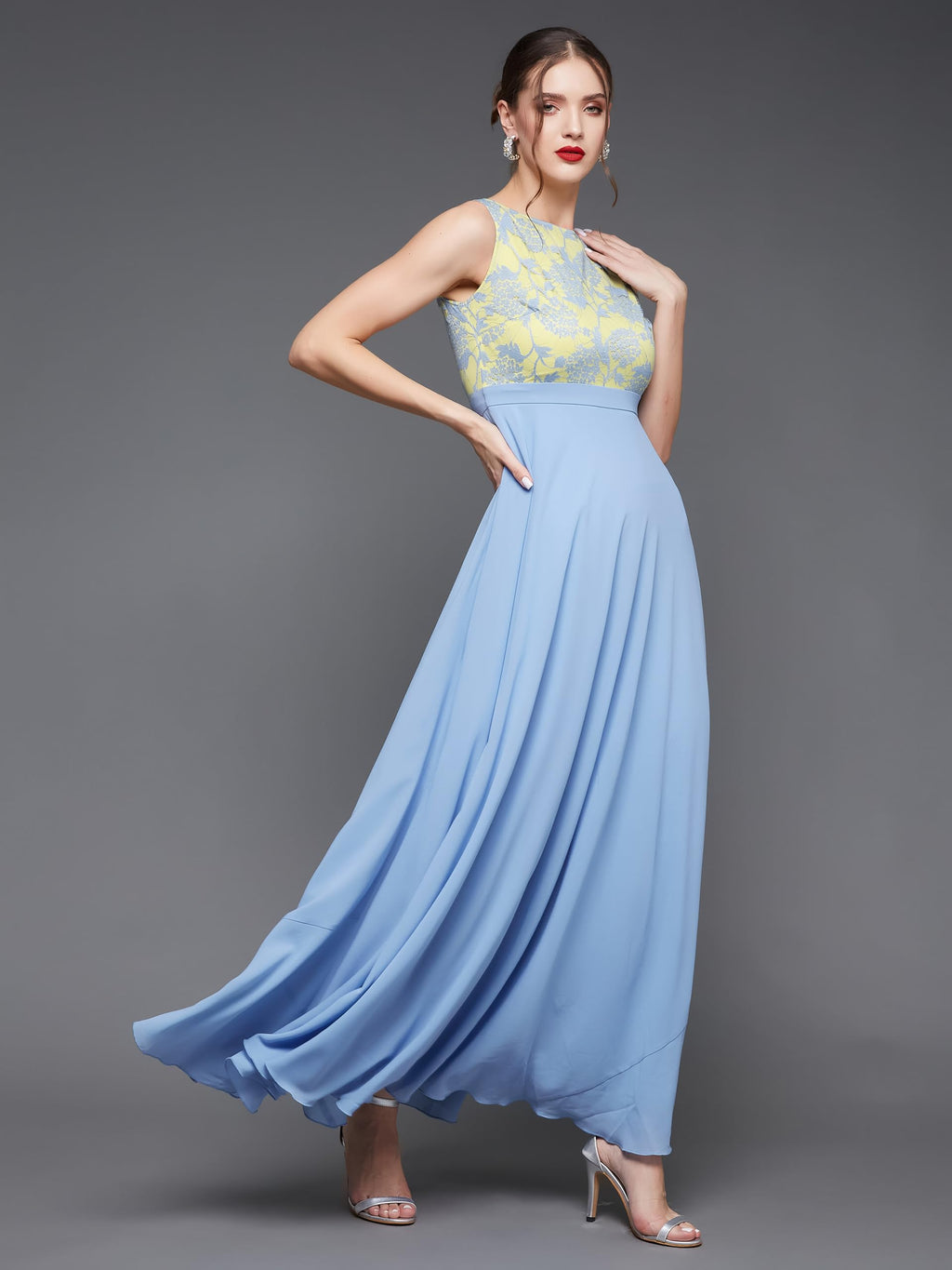 Miss Chase WomenS Round Neck Sleeveless Georgette Floral Lace Fit & Flare Maxi Dress Sky Blue