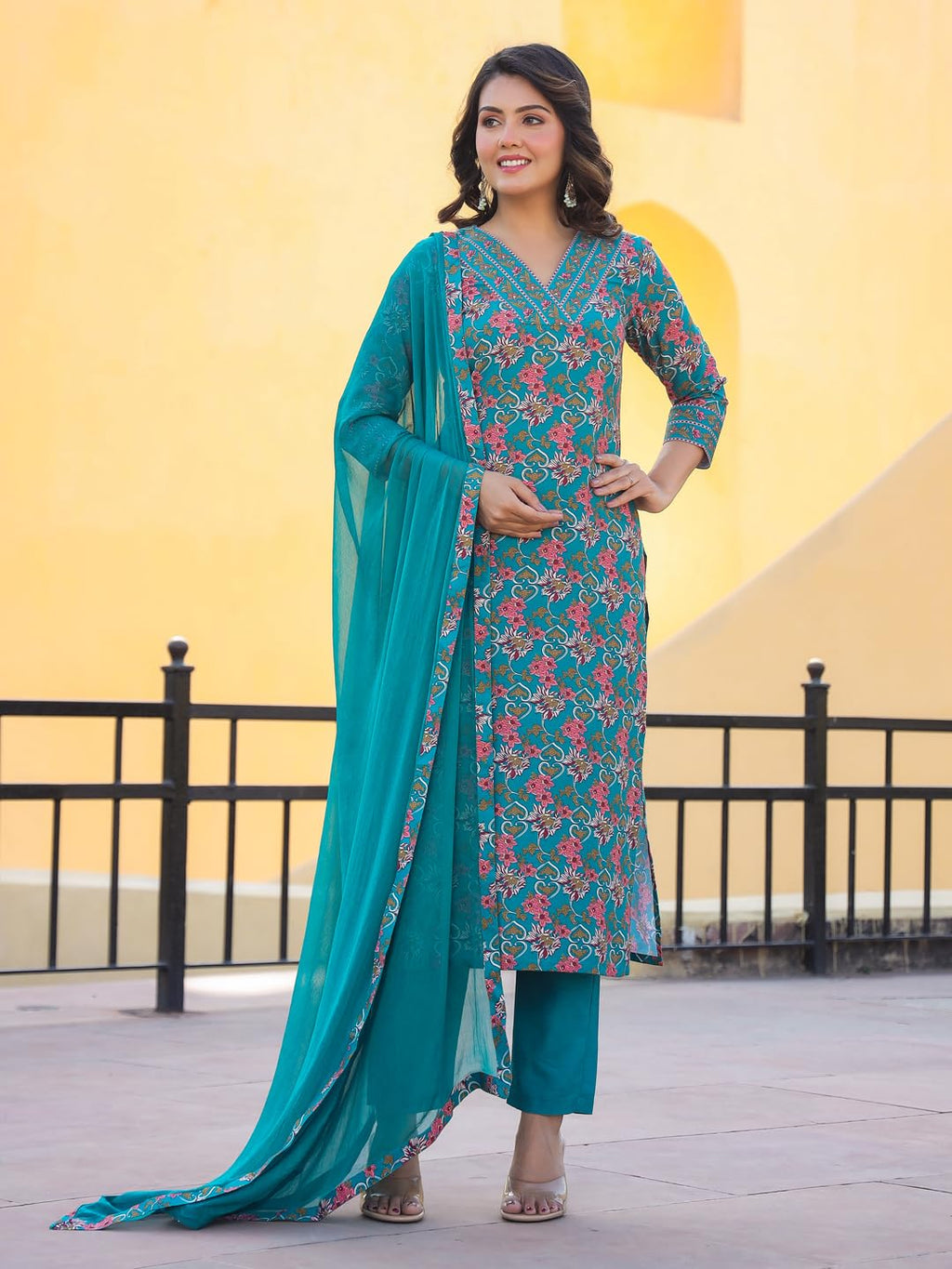 ANNI DESIGNER Women s Rayon Blend Printed Straight Kurta with Pants and Dupatta, Green, 36