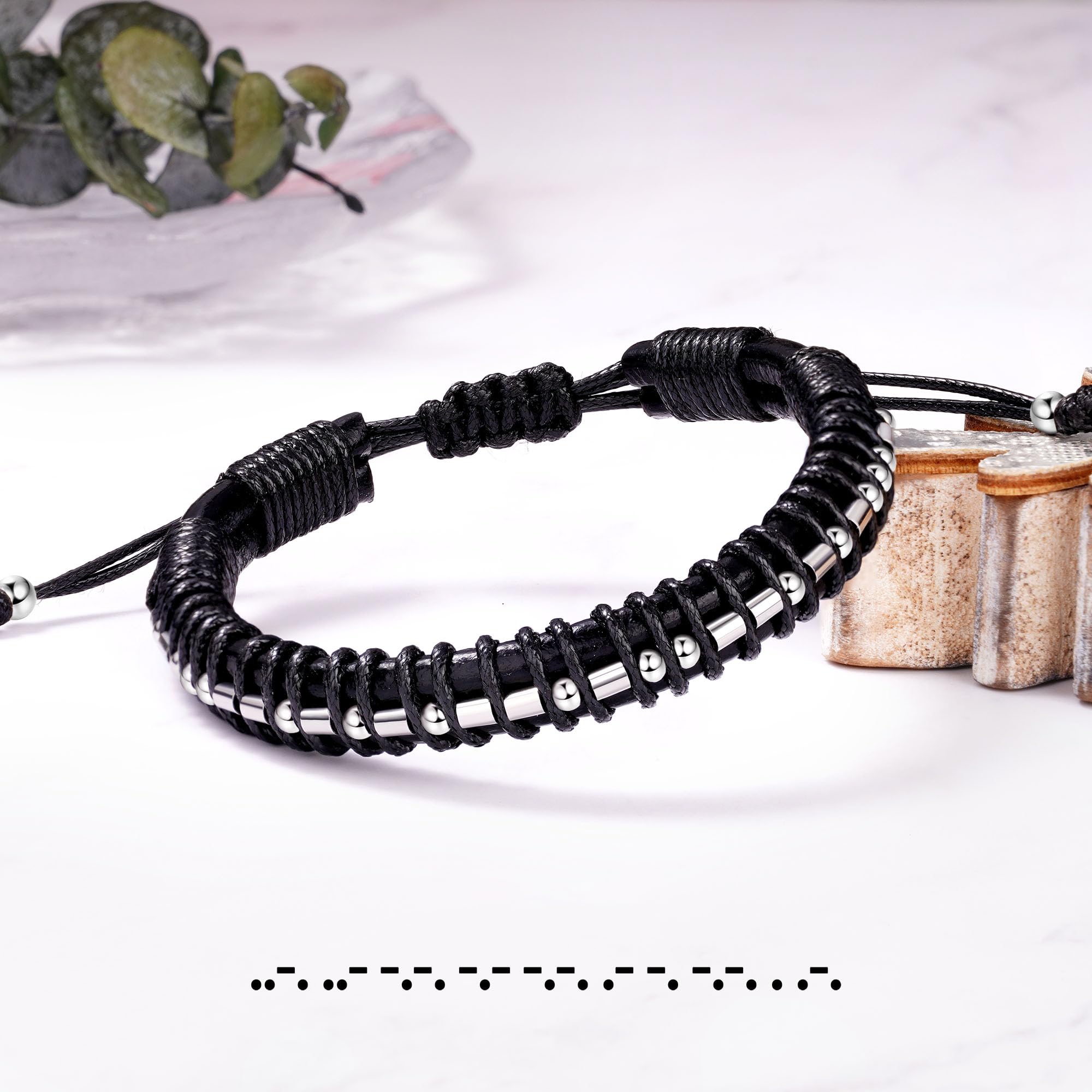 Btysun Morse Code Bracelets for Men Cancer Gifts for Him Adjustable Leather Bracelet Brother Son Father Best Friend Bracelets fo