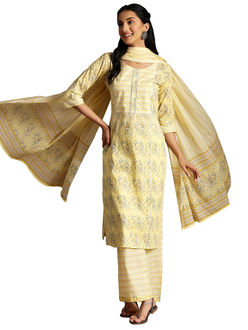 Libas Womens Printed Cotton Straight Kurta With Palazzos And Dupatta
