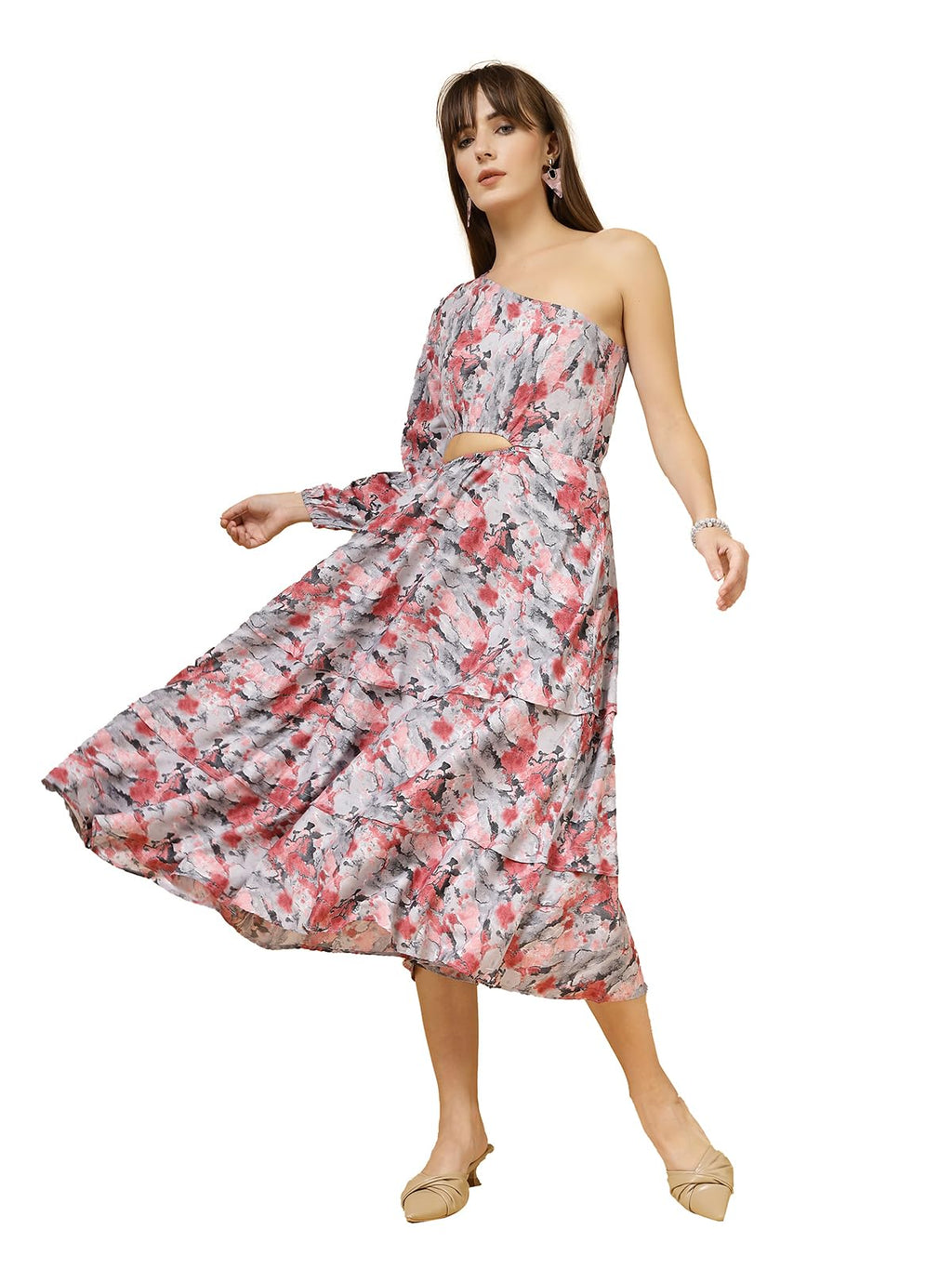 Oomph! WomenS Crepe A-Line Midi Dress (Waist Cutout One Shoulder_Rouge Pink