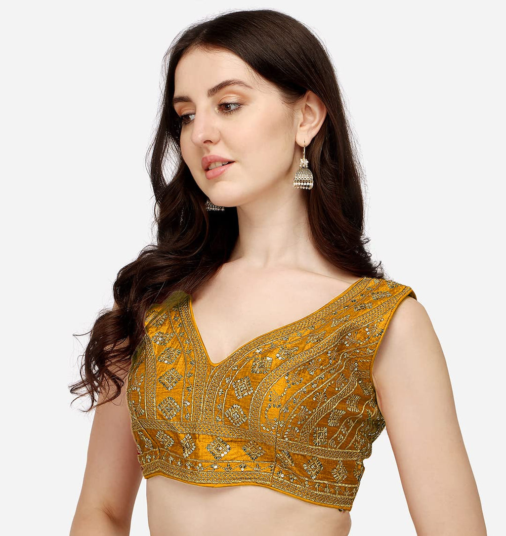 Vihu Fashion WomenS Silk Embroidery Sequins Zari Work Readymade Saree Blouse