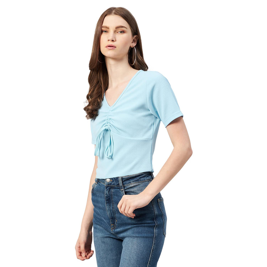 Rare Women Casual SkyBlue Colour V-Neck Solid Regular Top